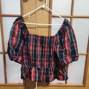 Draper James Rsvp Elbow Sleeve Smocked Peplum Top Red Plaid XL